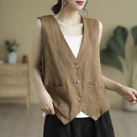 2024 Retro Loose Waistcoat Lady Outerwear Single Row Buckle Cardigan Vest Women Coat Solid Color Short Sleeveless Female Jacket