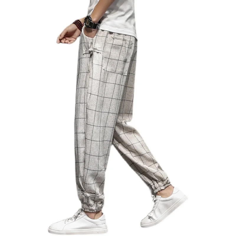 Męskie spodnie w kratę z bawełny i lnu na wiosnę i lato, luźne spodnie młodzieżowe, długość 7/8, z mankietami, typu harlan, duży rozmiar, modne.