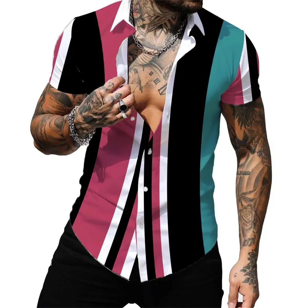 Men's Simple Striped 3D Printed Color Palette Lapel Short-sleeved Shirt Men's Hawaiian Vacation Beach Clothes Business Casual