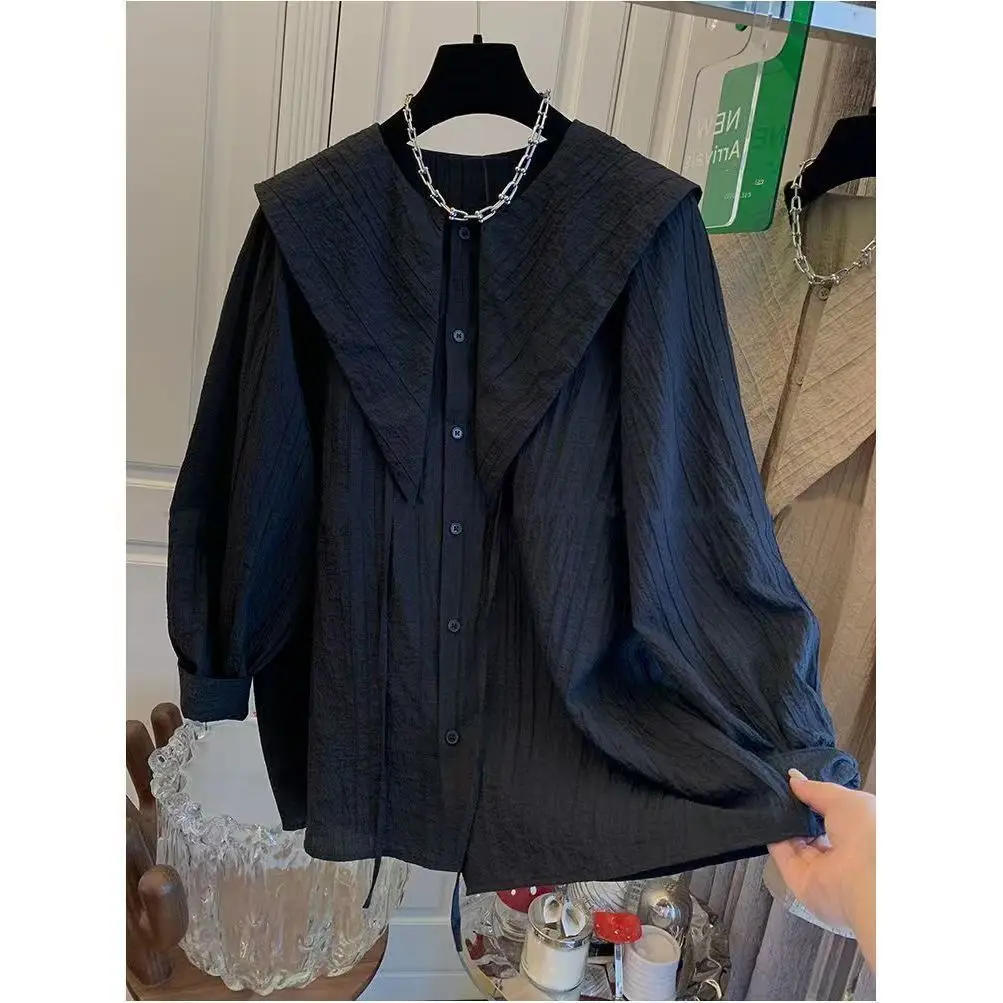 2025 Primavera Camisas De Mujer Chic Fold Design Camicetta Abbigliamento donna Colletto alla Peter Pan Manica lunga Camicie vintage Camicetta allentata Top