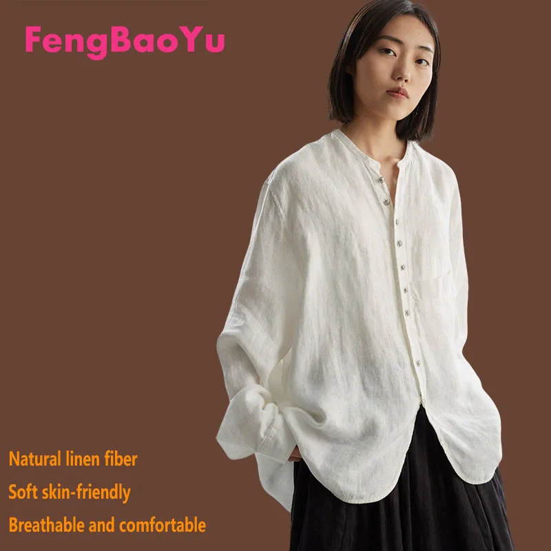 

Fengbaoyu 100% Linen Women's Shirt - Single Button Long-Sleeved Loose Large Size Comfortable Outdoor Casual Shirt