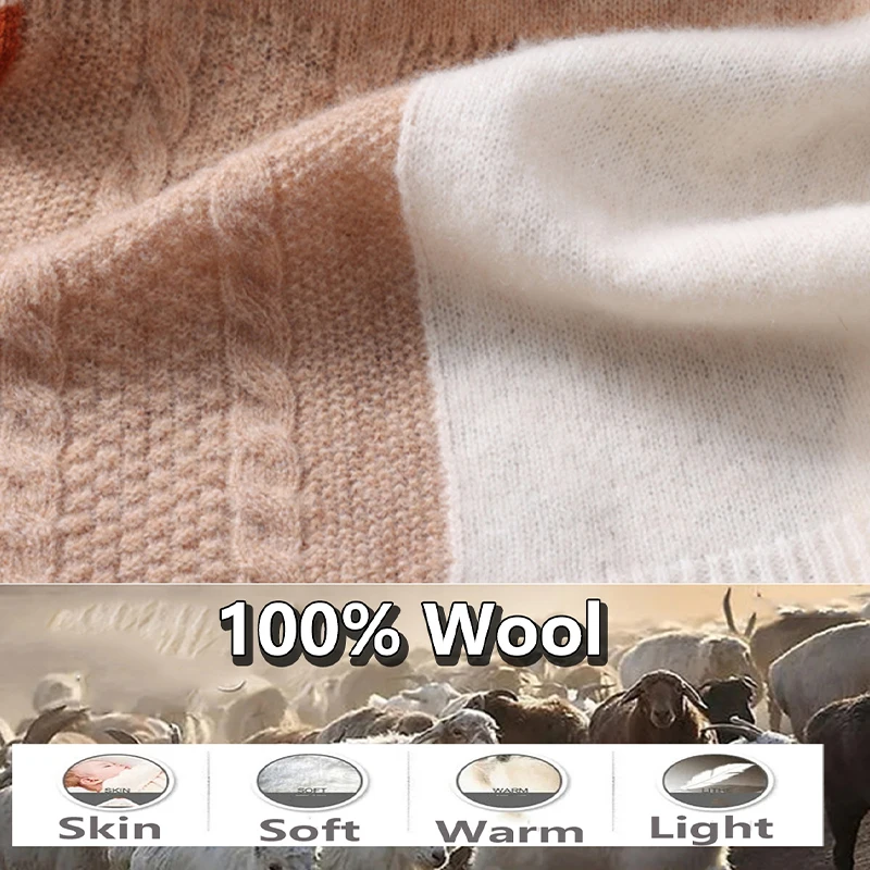 100% Merino Wool Knitted Cross Scarf Thickened Patchwork Color Warm Soft Neckerchief Windproof Korea Fashion Scarves Wraps
