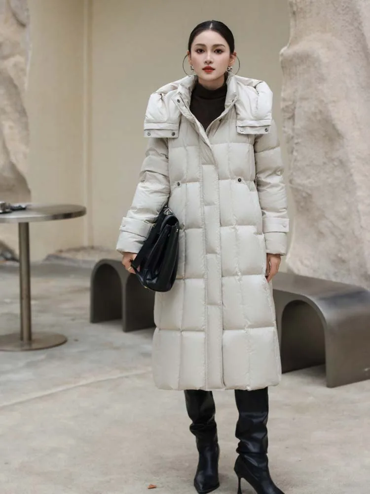 Mulheres de luxo longo para baixo jaqueta com capuz 2026 inverno quente moda manga longa puffer casaco senhoras outwear preto INKEO DJ626