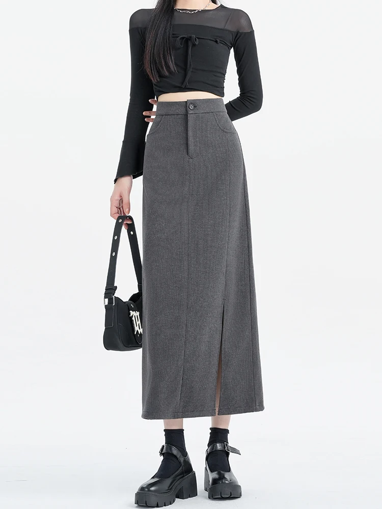 

Шерстяная юбка А-силуэта для женщин, осенне-зимняя новинка, с высокой талией, с разрезом, миди, элегантная деловая повседневная юбка