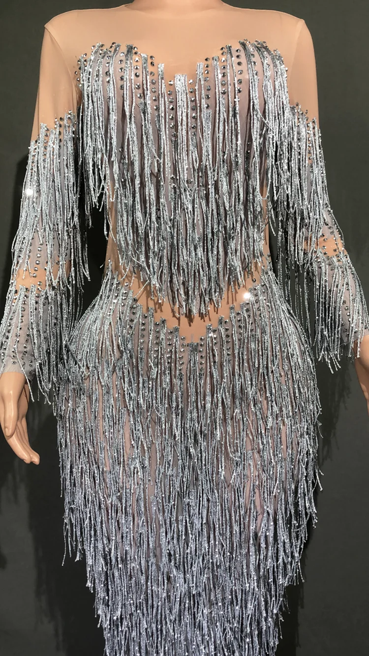 Sparkly Rhinestones Fringes Long Dress for Women Prom Birthday Wedding Evening Dress Sexy Performance Costume Show Stage Wear