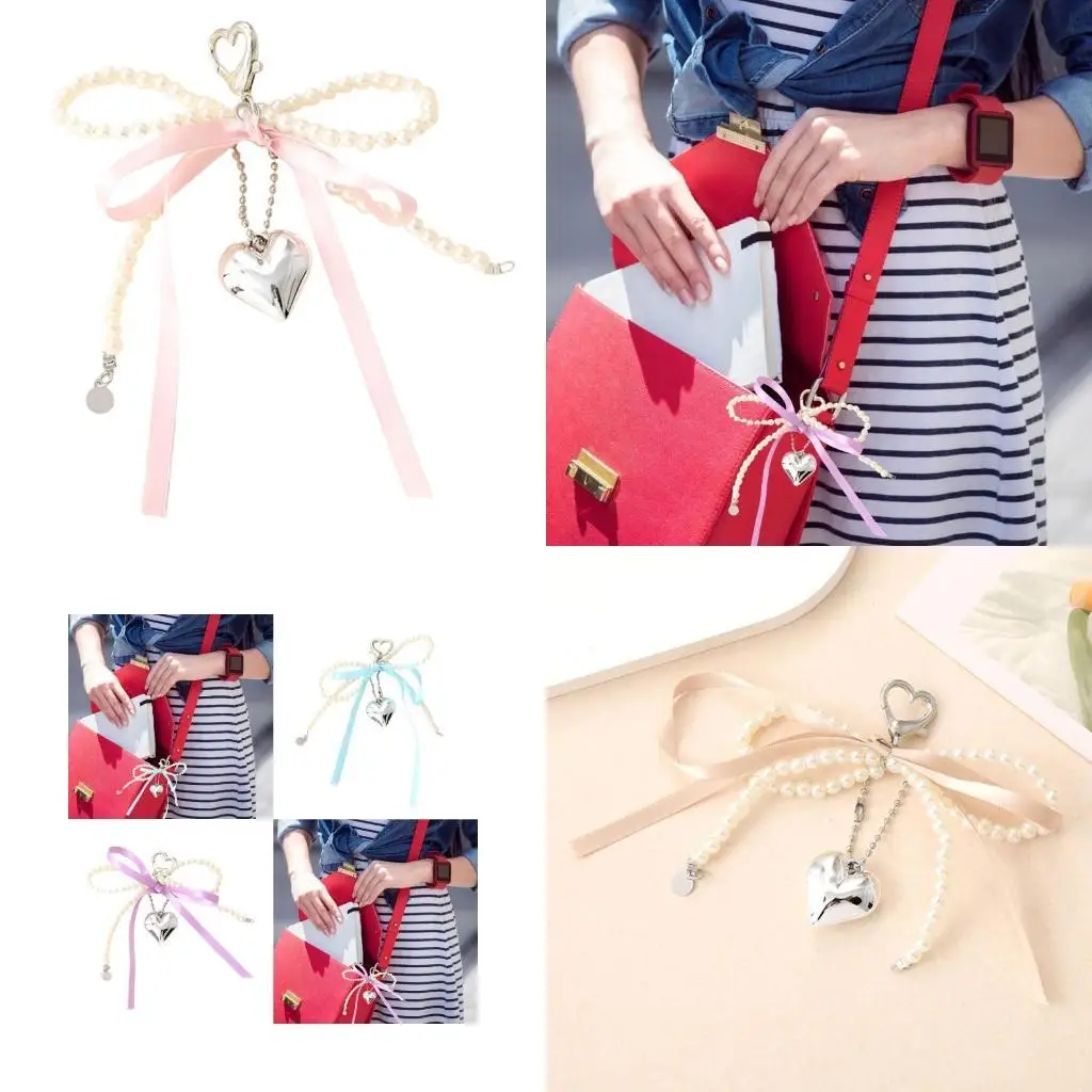 

D46D Stylish Pearls Bows Tie Handbag Charm Women's Stylish Bag Decoration Accessory