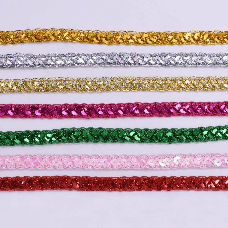 12 Yds Sequined Lace Ribbons Gold Braided Band Crochet Cosplay Costumes Trims Appliqued Sewing Apparel Ribbon 1.2CM