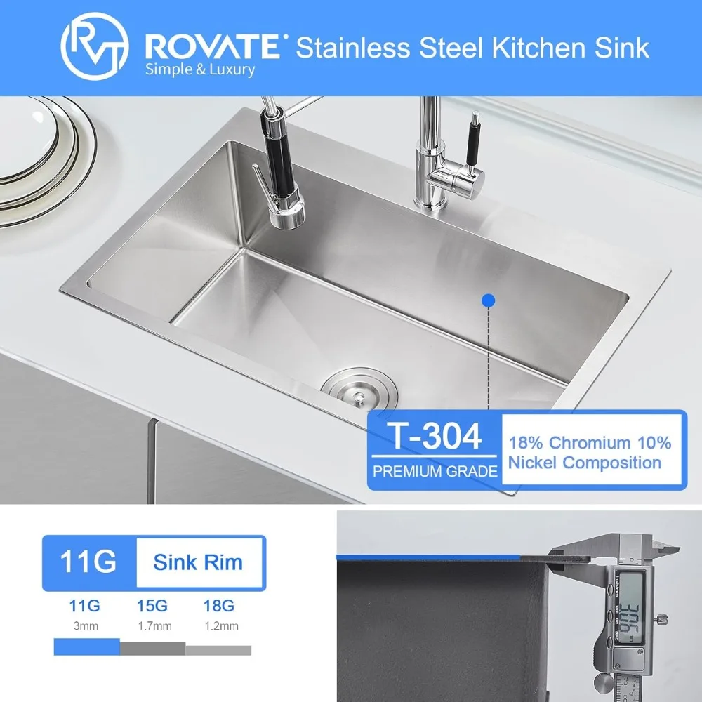 حوض مطبخ ستانلس ستيل 26 × 18 بوصة وعاء واحد 9 جبل عميق تصميم قطرة مصنوع يدويًا مع فتحة واحدة للصنبور