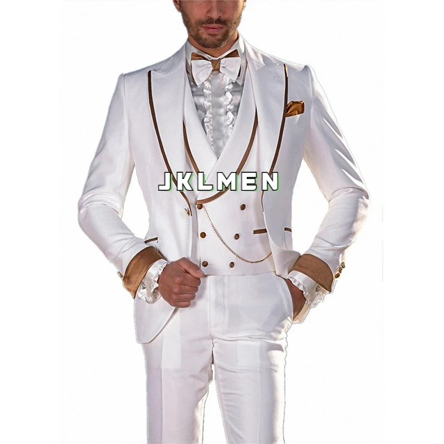 White Double Breasted Wedding Tuxedo for Men 3 Piece Suit with Waistcoat Pants Peak Lapel Blazer Custom Made Formal