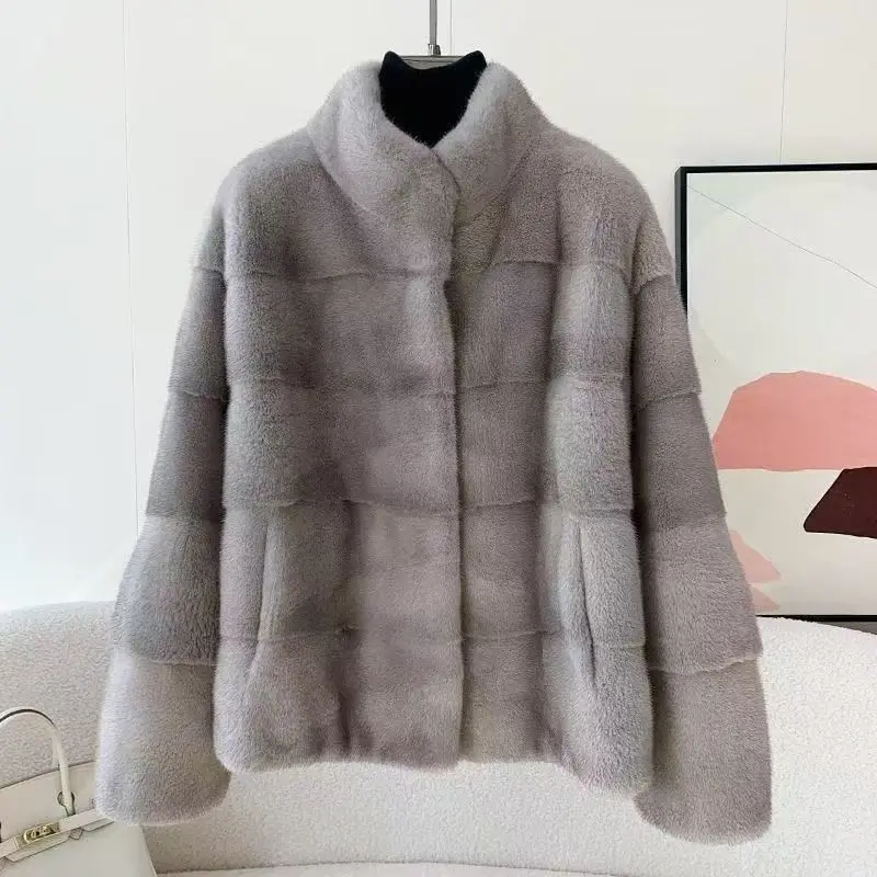

New Design Women's Faux Fur Jacket Stand Collar Short Coat Winter Warm Fluffy Plush Overcoat Elegant Outerwear