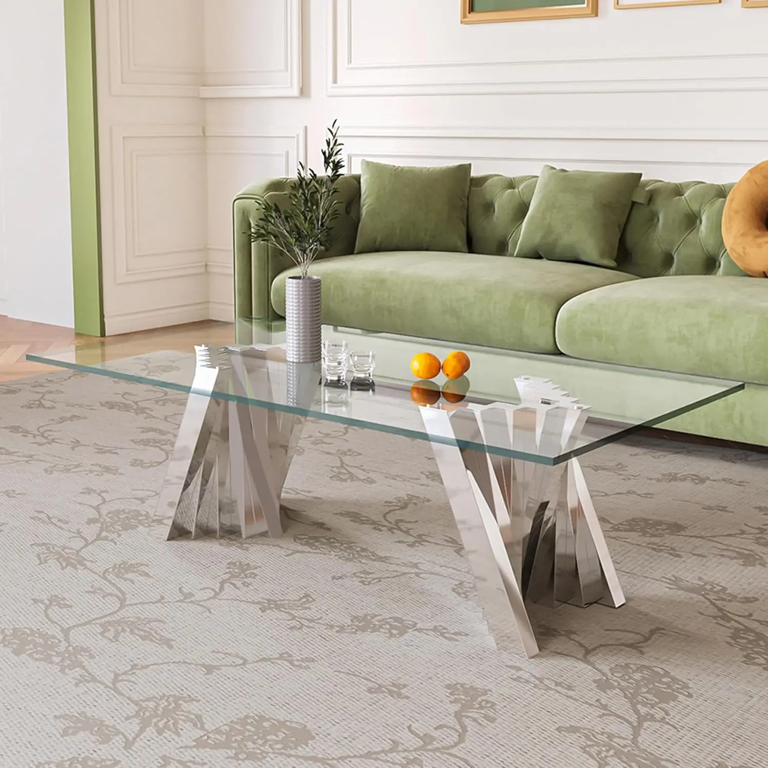 Glass Coffee Table, 51"" Center Table With Tempered Glass Tabletop And Mirror Finish Stainless Steel Legs, Modern Rectangular