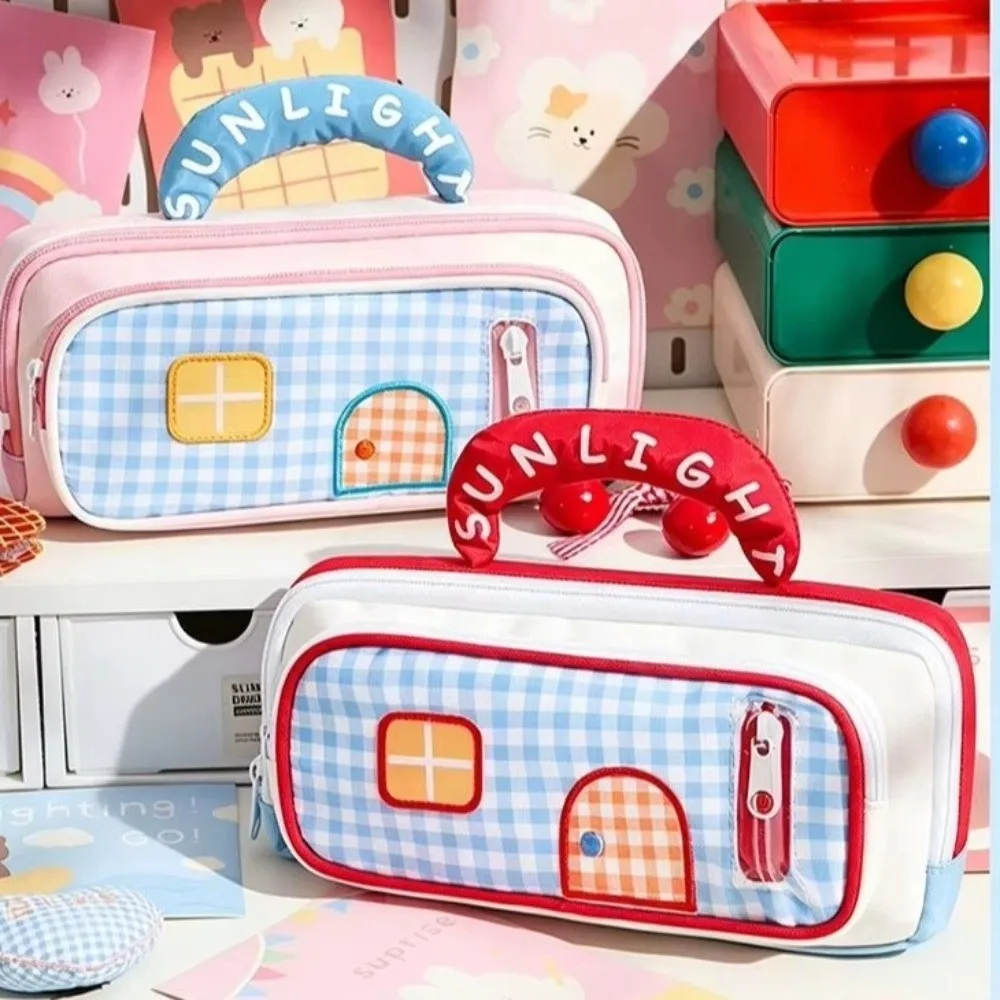 Cosmetics Storage Large Capacity Pencil Pouch House Design Portable Pencil Case Color-Blocked Handle Pen Bag Gifts