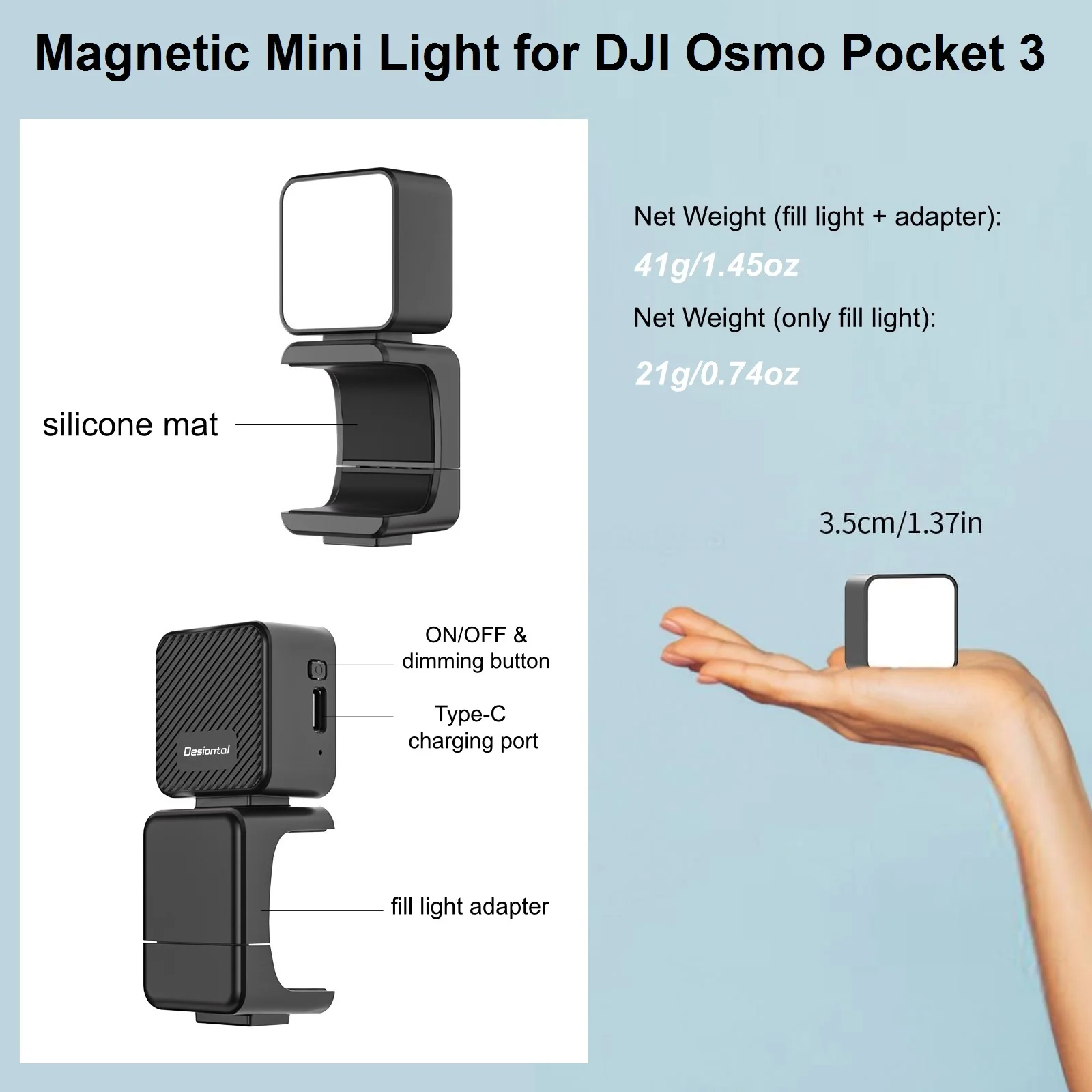 Magnetic Mini LED Light for DJI Osmo Pocket 3 Fill Light LED Video Light 300mAh Rechargeable Auxiliary Photography Lighting