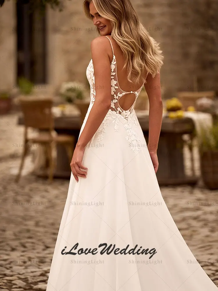ShiningLight Backless V-Neck Wedding Dresses Applique A-Line Chiffon Spaghetti Straps Boho Beach Bride Gowns 2026 Customized