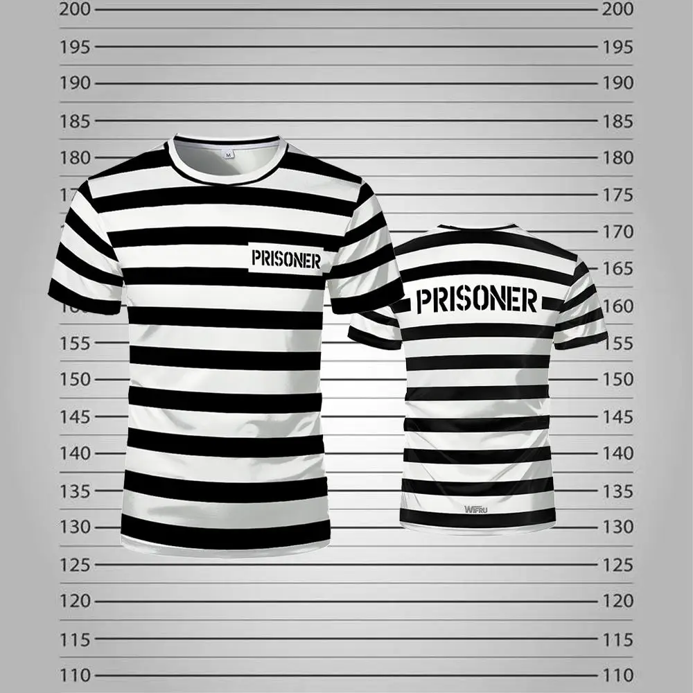 2026 New Prisoner Striped T-Shirt Black White Prison Theme Fun And Novel Short Sleeve Men's And Women's Party Cosplay Costumes