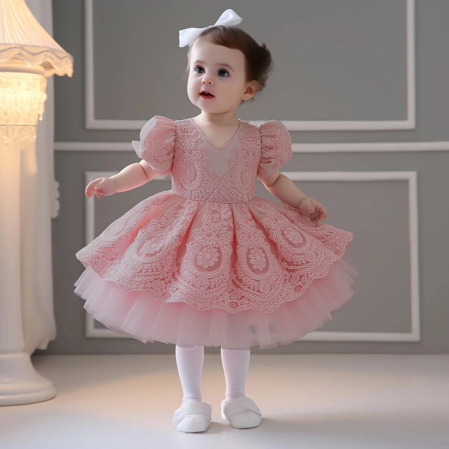 

Elegant Embroidery Princess Baby Girls Dresses Toddler Flower 1st Birthday Party Prom Dress for Baby Bow Wedding Bridesmaid Gown