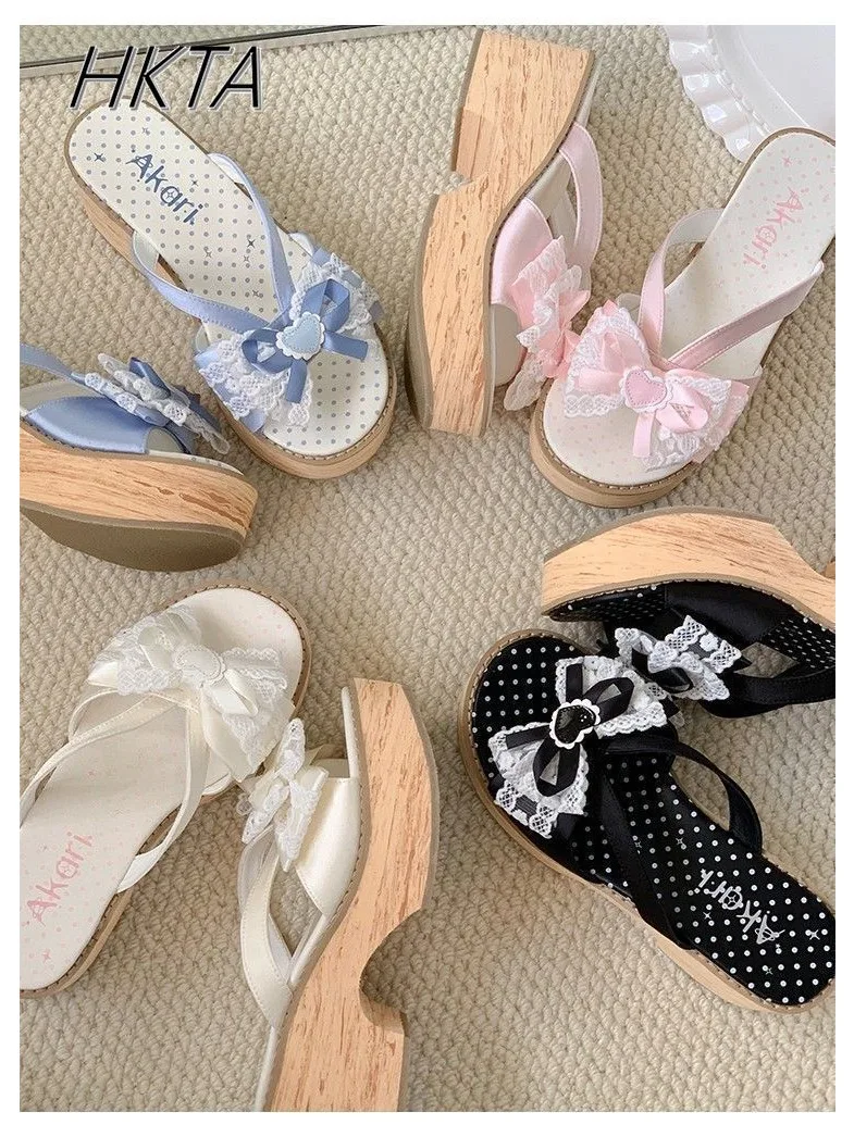 Japanse Cos Klompen Slippers Vrouwen Zomer Nieuwe Zoete Boog Houtnerf Dikke bodem Comfortabele Platform Schoenen Hoge hakken Slippers - afbeelding 2