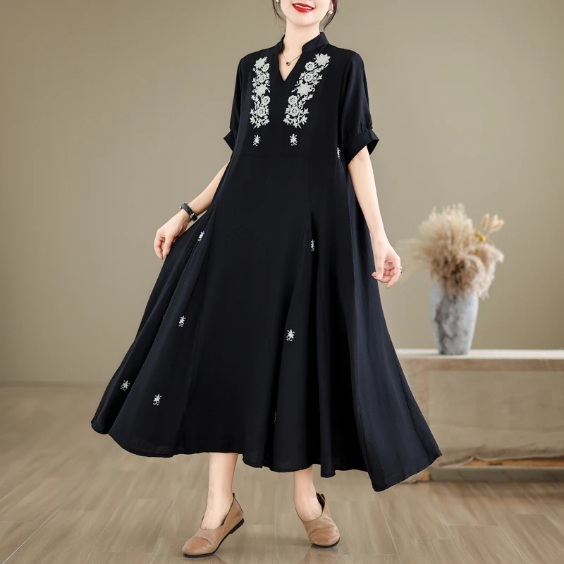 #3876 Black A-line Dress Embroidery Floral Split Joint  Asymmetrical Long Shirt Dress Women Short Sleeve Loose Cotton Summer2024