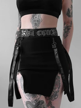 Gothic Zip Split Sexy delle donne minigonne Grunge cinturino nero a vita alta gonna a matita Punk E-girl Alt Party Clubwear