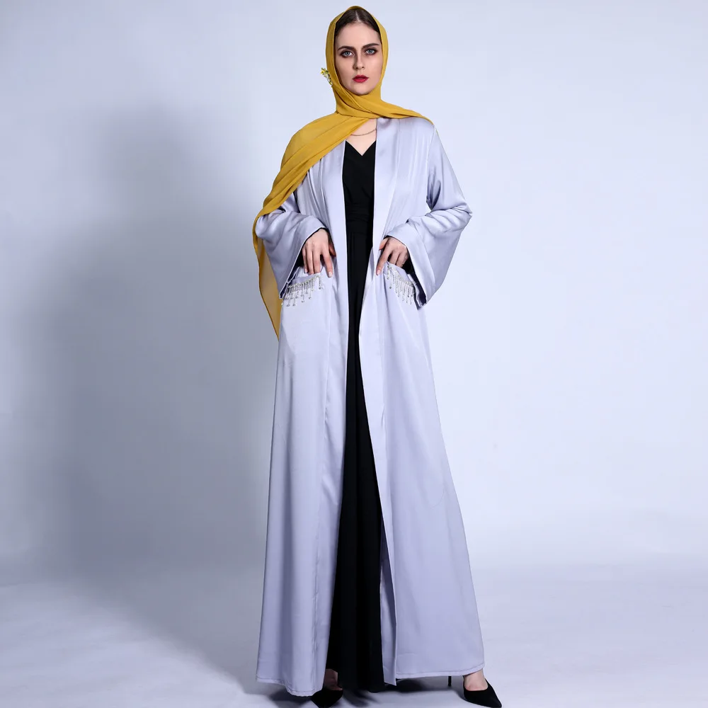 

Eid Mubarak Satin Abayas for Women Diamonds Tassel Pocket Maxi Dress Muslim Kimono Cardigan Dubai Turkey Kaftan Ramadan Jalabiya