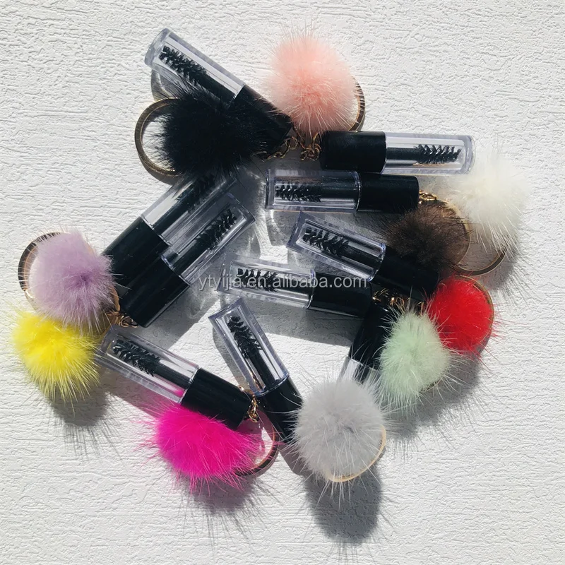 New Popular Mini Eyelash Brush Custom Logo Key Ring Mini Mascara Wand With Puff Ball