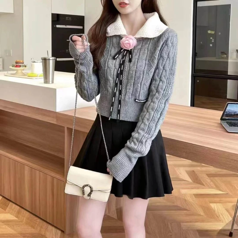 

Autumn new peter pan collar color blocking knitted sweater pleated skirt sweet small fragrance style two-piece set