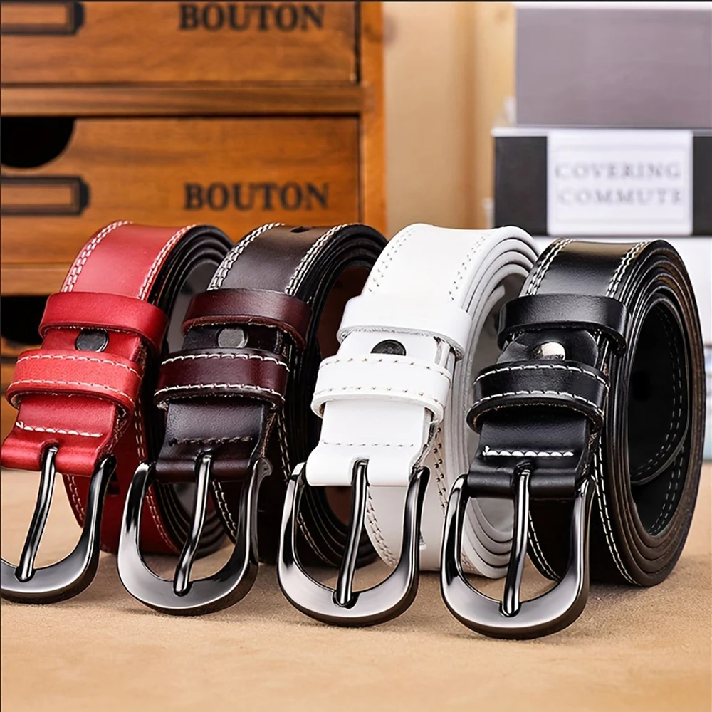 Women's genuine leather belt, pure cowhide, new fashionable and versatile women's decorative white thin belt, jeans belt