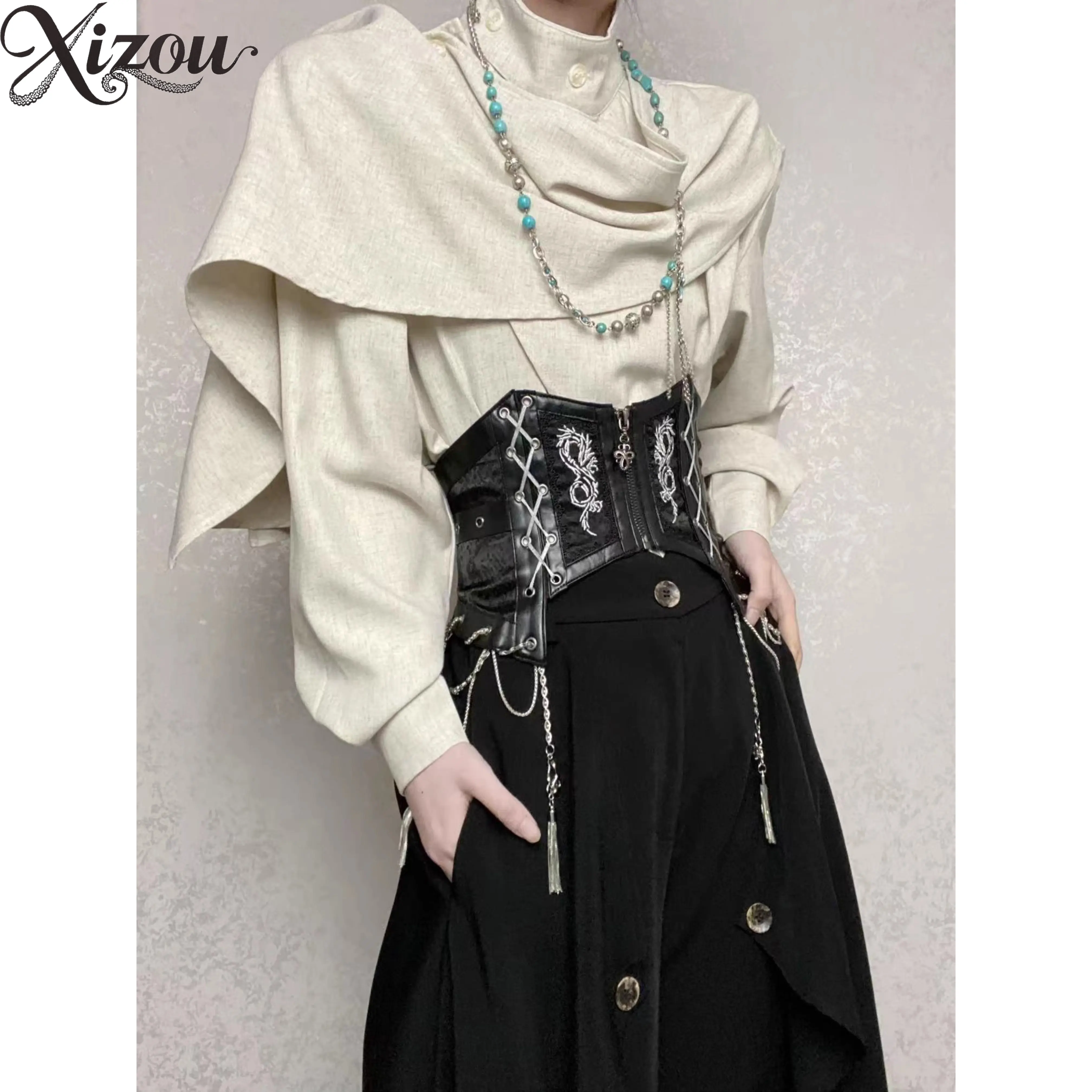 Men's Shirt Ribbon Scarf Collar Long Sleeve Elegant Stand Collar Sash Y2K Gothic Vintage Irregular Stitching Unisex Cosplay Tops