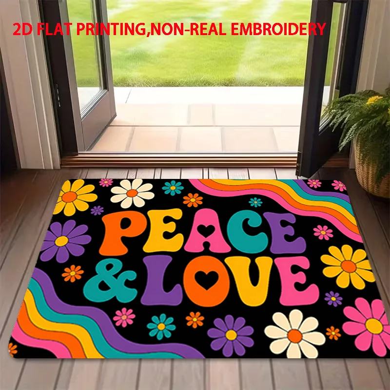 VIKAMA Peace & Love Doormat Retro Hippie Daisy Rainbow Art Print Non‑Slip Washable Entrance Rug Boho Home Floor Decor Mat