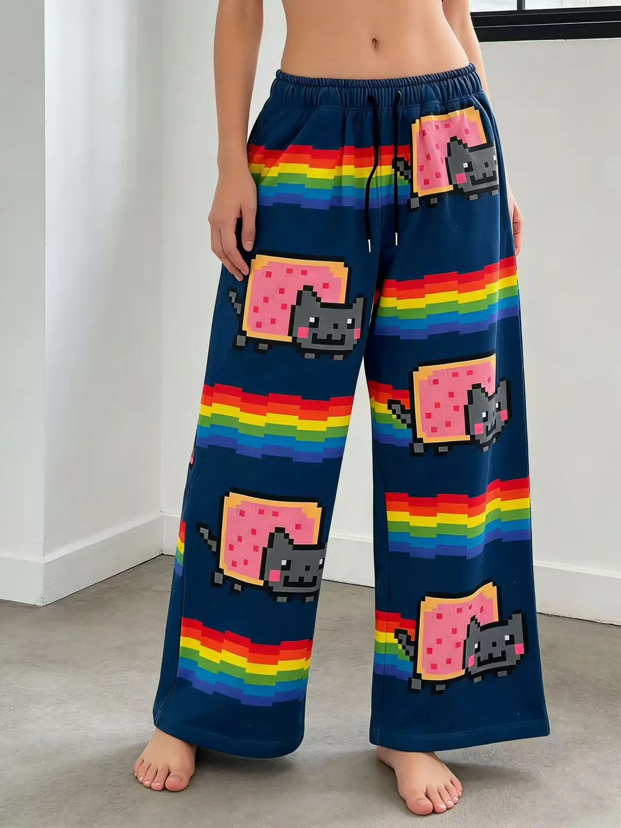 Y2K Nyan Cat Print Wide Leg Pants Women Rainbow Pixel Cartoon