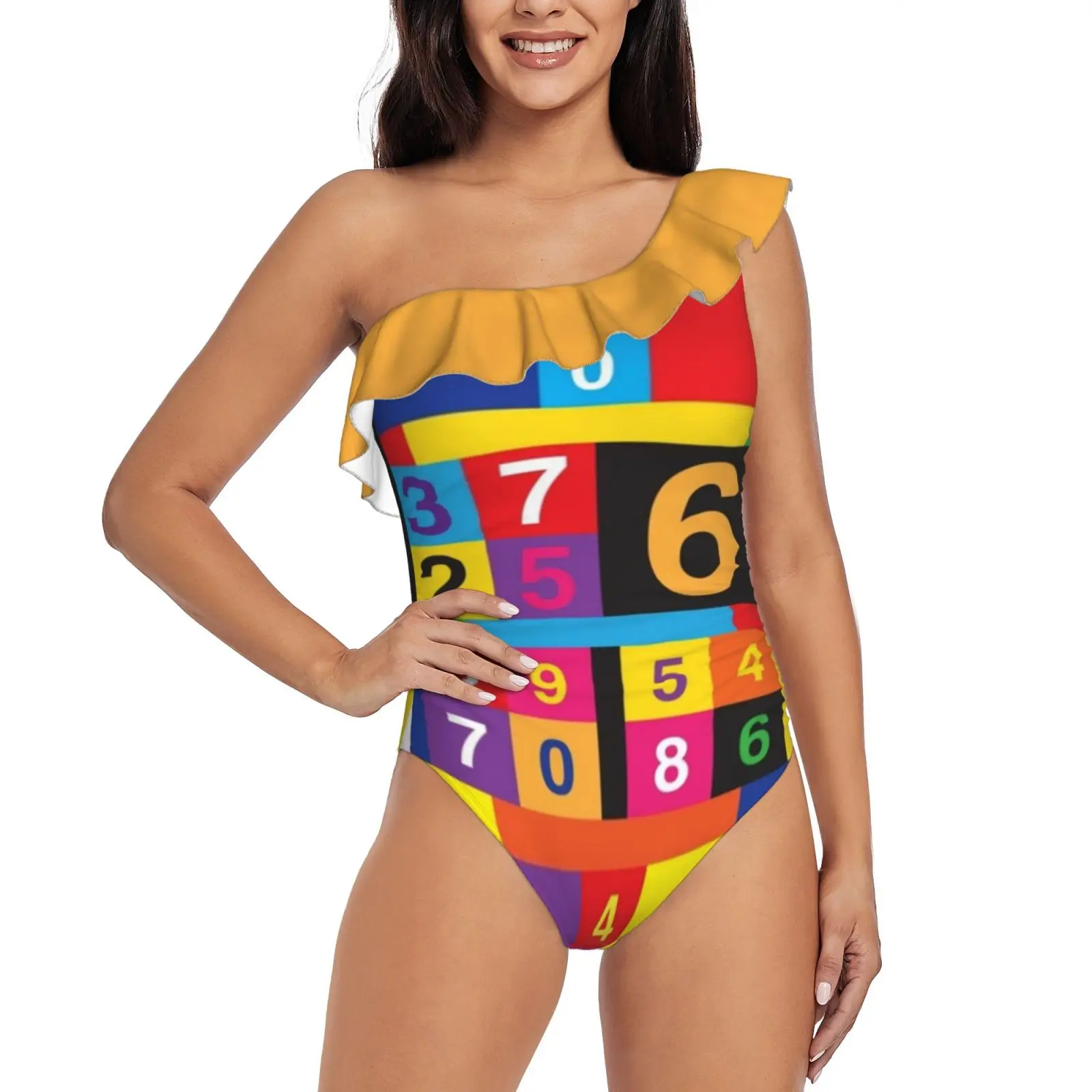 

Coloured Numbers One Shoulder Ruffle Swimsuit One-Piece Beach Bathing Suit Print Sexy Women Swimsuit Boy George Culture Club