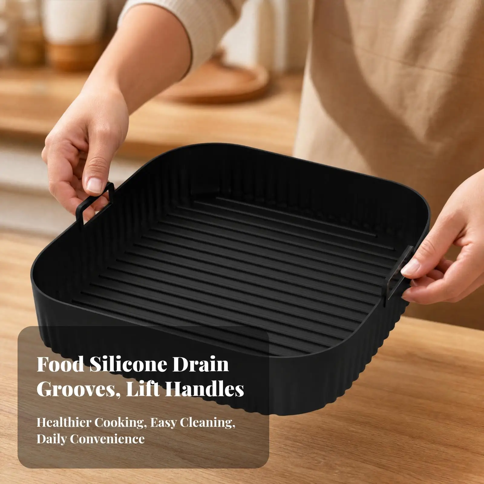 Air Fryer Silicone Tray Food Grade 27cm Heat Safe Flexible Roasting Pan with Fluted Sides and Built in Handles for Easy Lifting