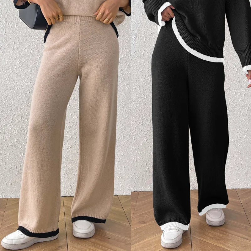 

Женские шерстяные брюки, тканый свитер, повседневные брюки контрастного цвета с высокой талией, прямые широкие брюки