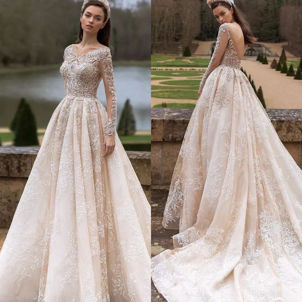 Gorgeous A Line Wedding Dresses Long Sleeves Appliques Lace Bridal Gowns Customized Backless Sweep Train Robe De Mariee