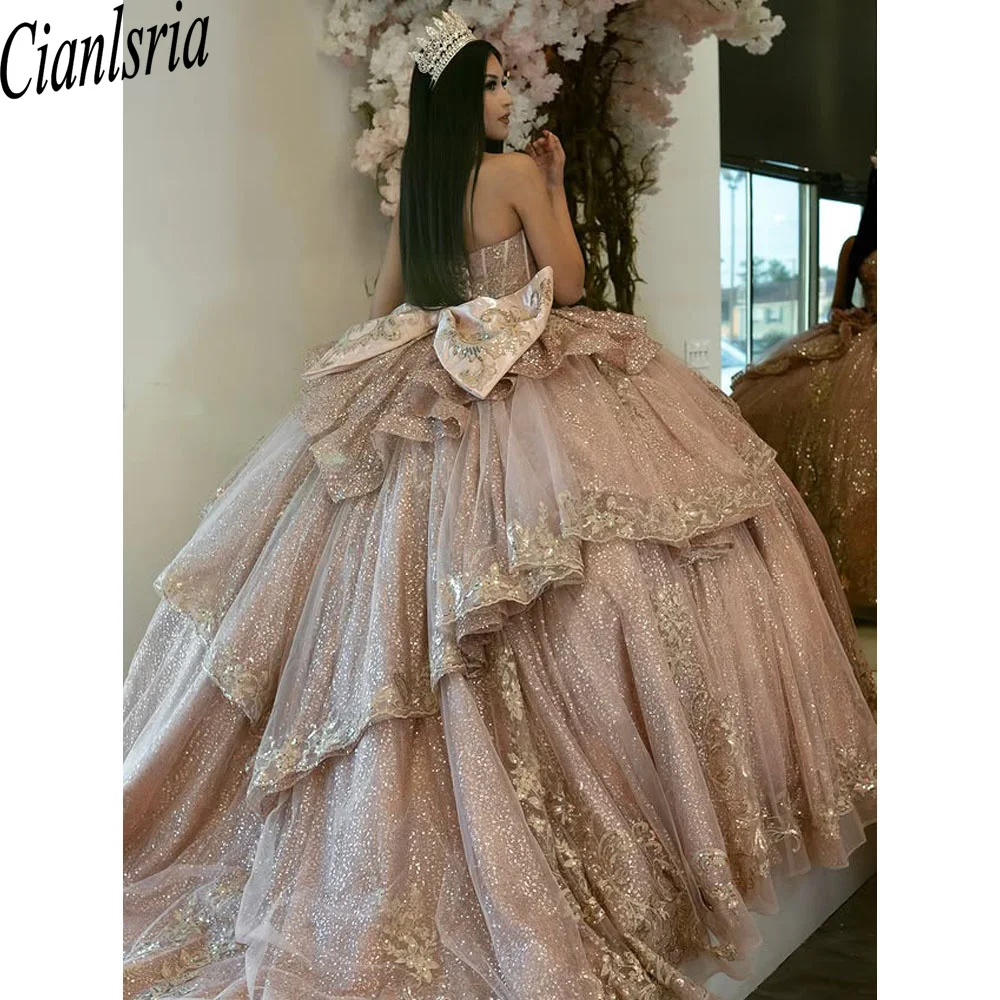 

Rose Gold Sweetheart Quinceanera Dresse Shiny Beaded Appliques Fashion 3D flower ruffles Vestidos de novia