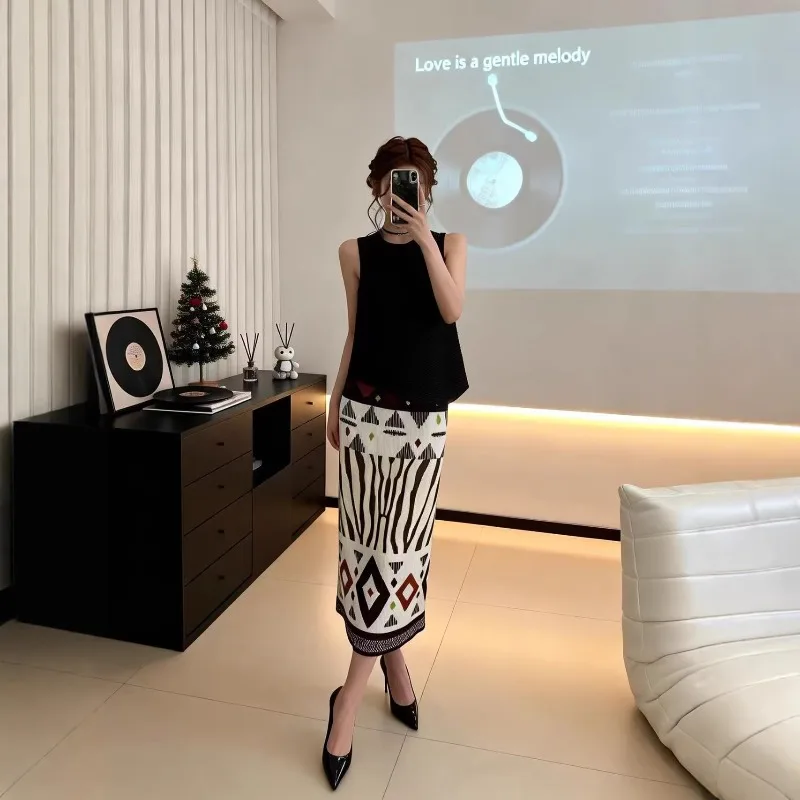 Miyake Pleated Zebra Pattern Ethnic Skirt 2026 Spring Summer New Geometric High Waist Jupe Slimming Draped Straight Fold Skirt