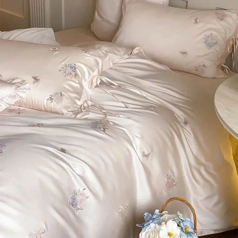 

Pink Flowers Butterfly Embroidery Lace-Up Princess Bedding Set Lyocell Cotton Duvet Cover Flat/Fitted Bed Sheet Pillowcases 4Pcs