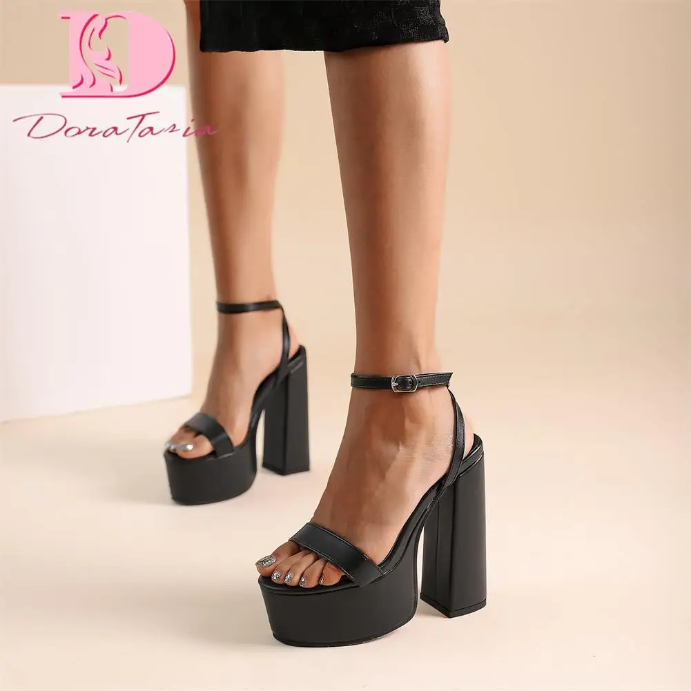 

DoraTasia Popular Women Sandals Concise Buckle Platform Shoes Woman Square High Heels Sexy OL Party Talons Femme Size 35-43