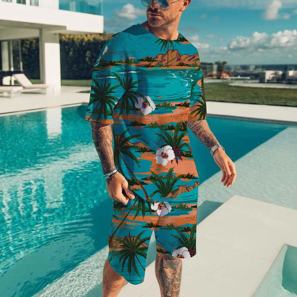 Hawaiian Beach Men's Set T-shirt Two Set Vacation Casual Beach Pants Suit Fashion Full Print Tshirt Set Top New Mens Tees Short