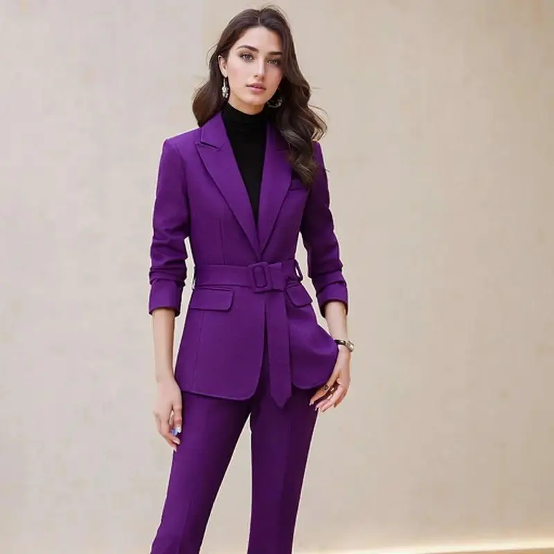 Elegant Fashion Lace Up Blazer Sets for Women 2 Pieces 2024 Autumn New Chic Casual Long Sleeves Flare Pant Female Clothing Suit