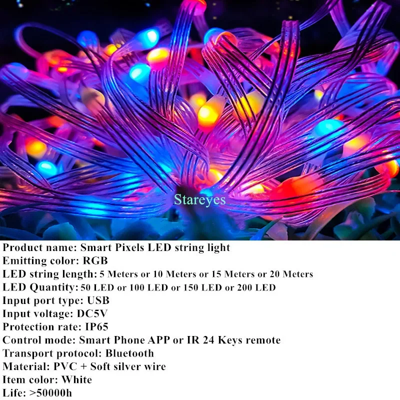 Smart RGB USB DC5V 5m 10m 15m 20m IP65 LED String WS2812B IC Magische kleur Bluetooth APP IR Afstandsbediening Kerst Licht RGB DIY Decor