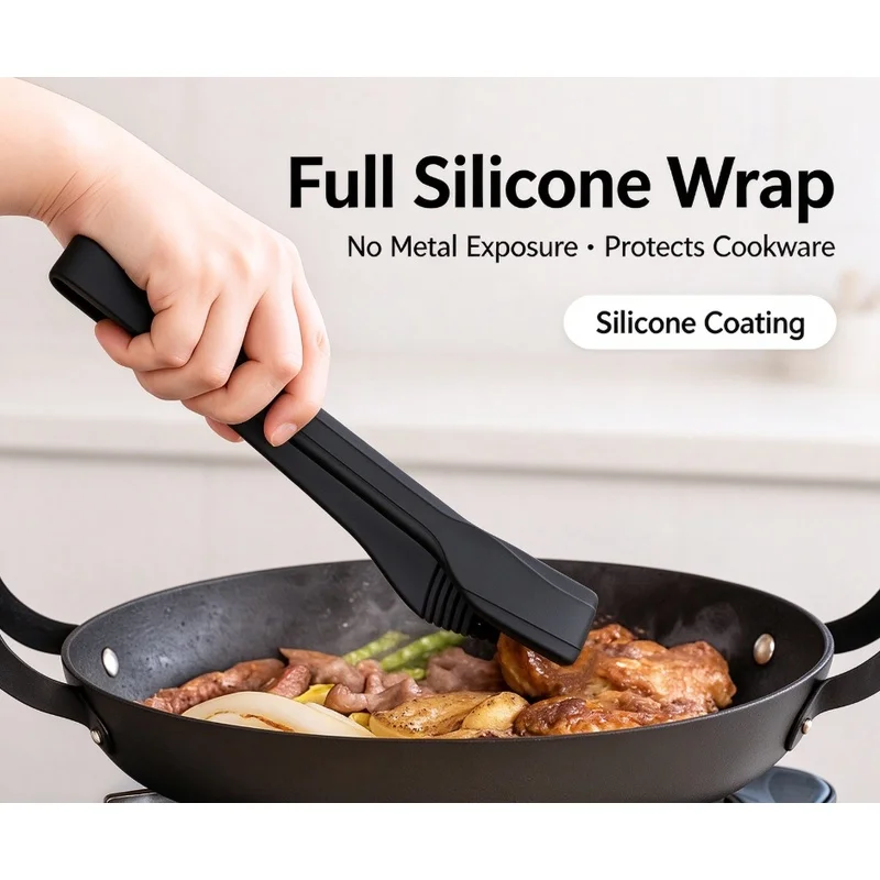 Full Wrap Silicone Food Tongs with Metal Skeleton Heat Resistant Kitchen BBQ Steak Serving Tongs
