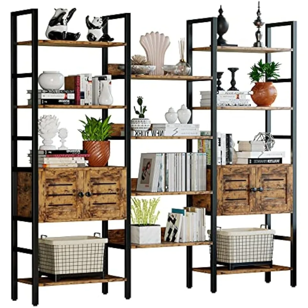 

Industrial Bookshelf and Bookcase with 2 Louvered Doors 5 Tiers Triple Wide Display Shelf with Storage Cabinet for Living Room