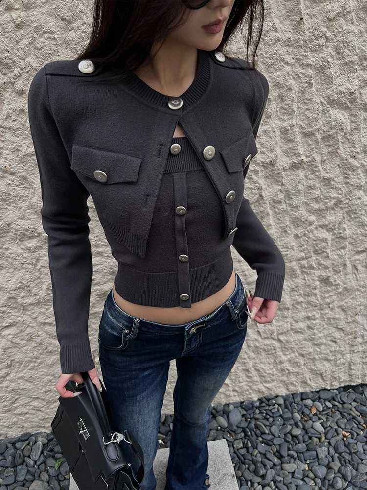 

HYTEMOLY ort Cardigan Tube Top Inner Wear Knitted Two-Piece Set Vintage oulder Pads Metal Bule Slimming Sweater Set