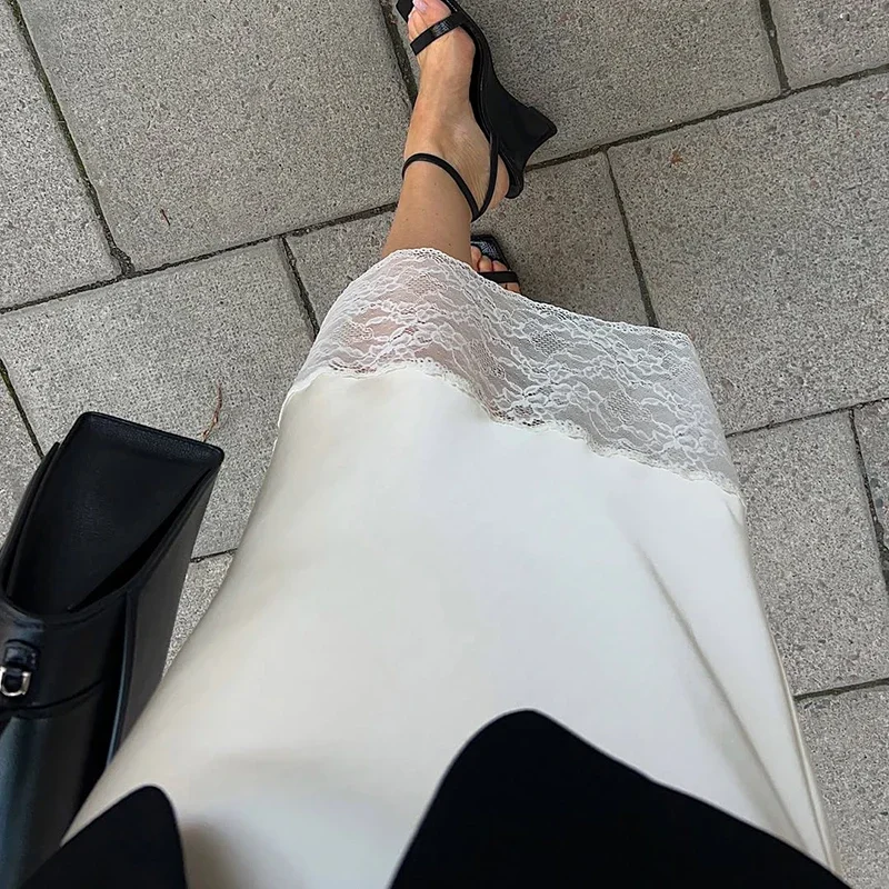 레이스 스플라이스 스커트 여성 우아한 새틴 하이웨이스트 롱 스커트 오피스룩 여름 2025 패션 신상 솔리드 여성 스커트
