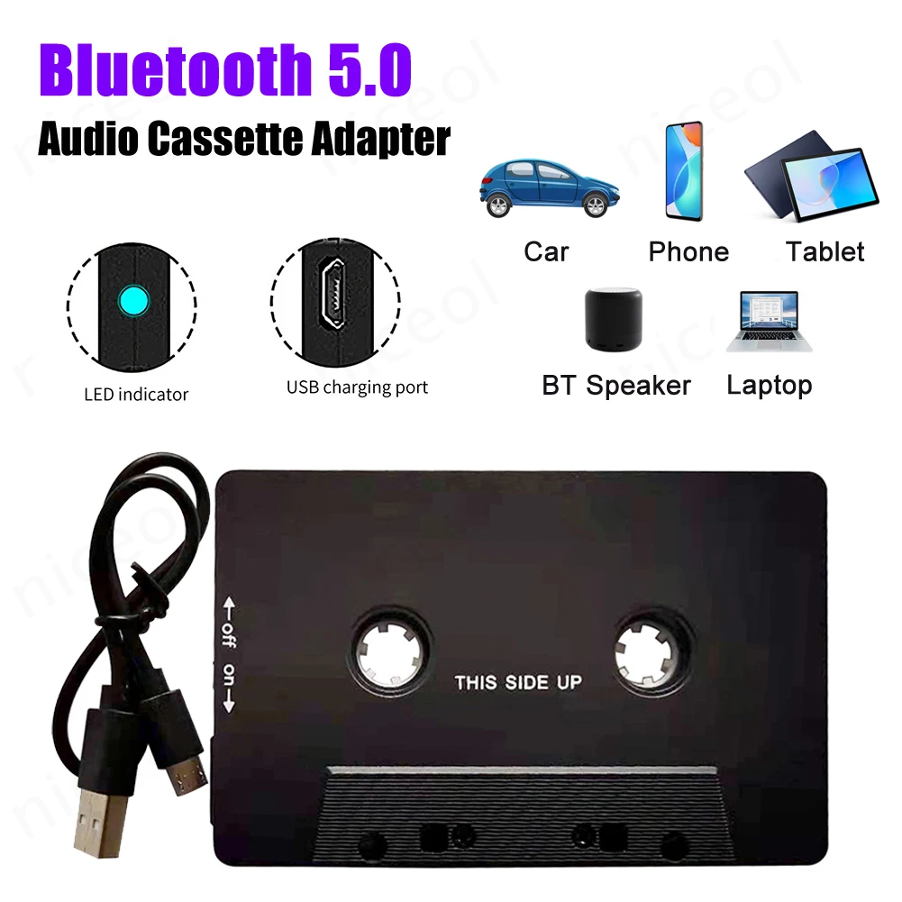 Universal Auto Car Stereo Player, Adaptador de áudio Aux Bluetooth, Fita cassete sem fio, Conversor BT 5.0, AAC MP3 SBC