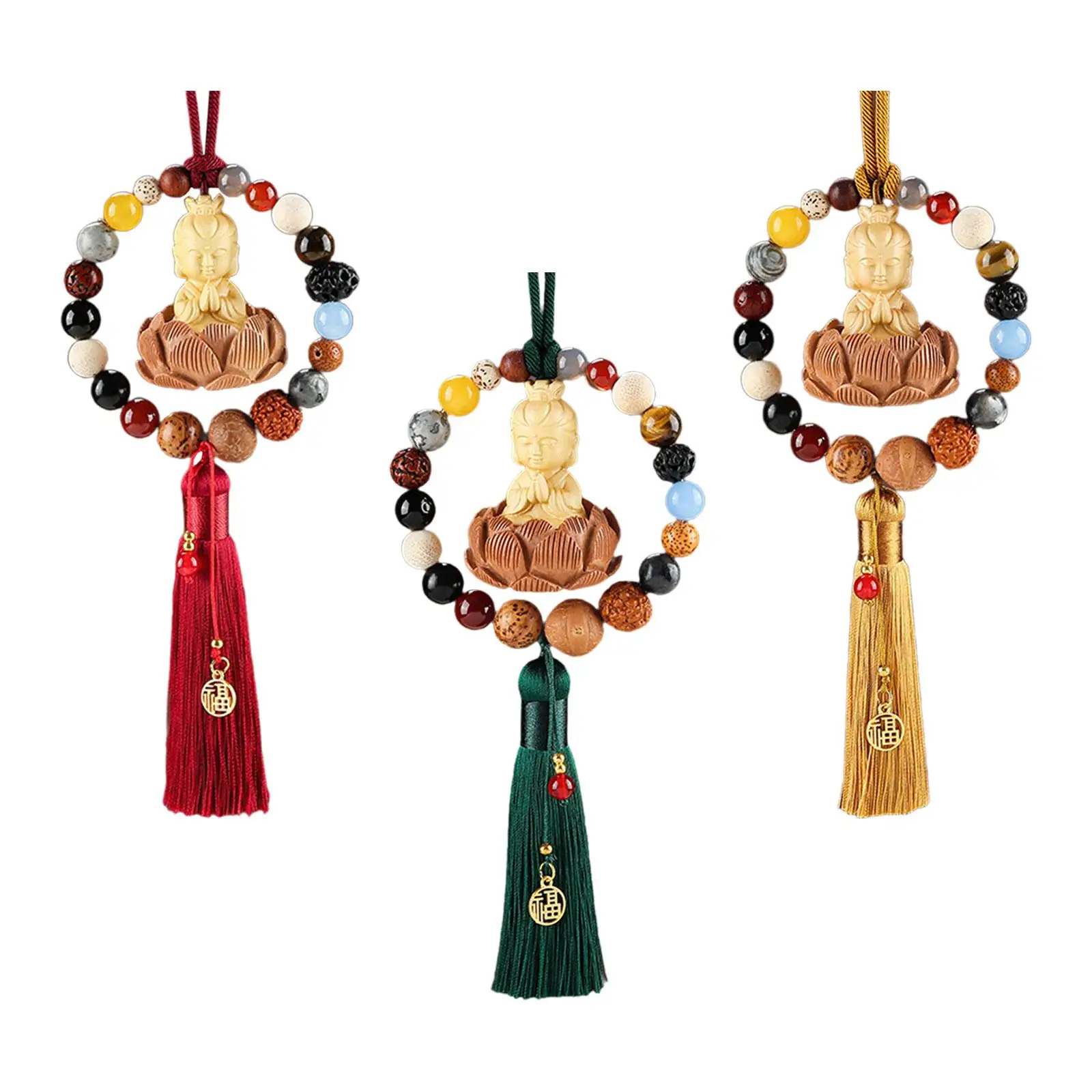 عام بوذا تمثال سيارة مرآة الرؤية الخلفية قلادة مع شرابة الخشب نعمة حسن الحظ الزخرفية العالمي المتدلي حلية