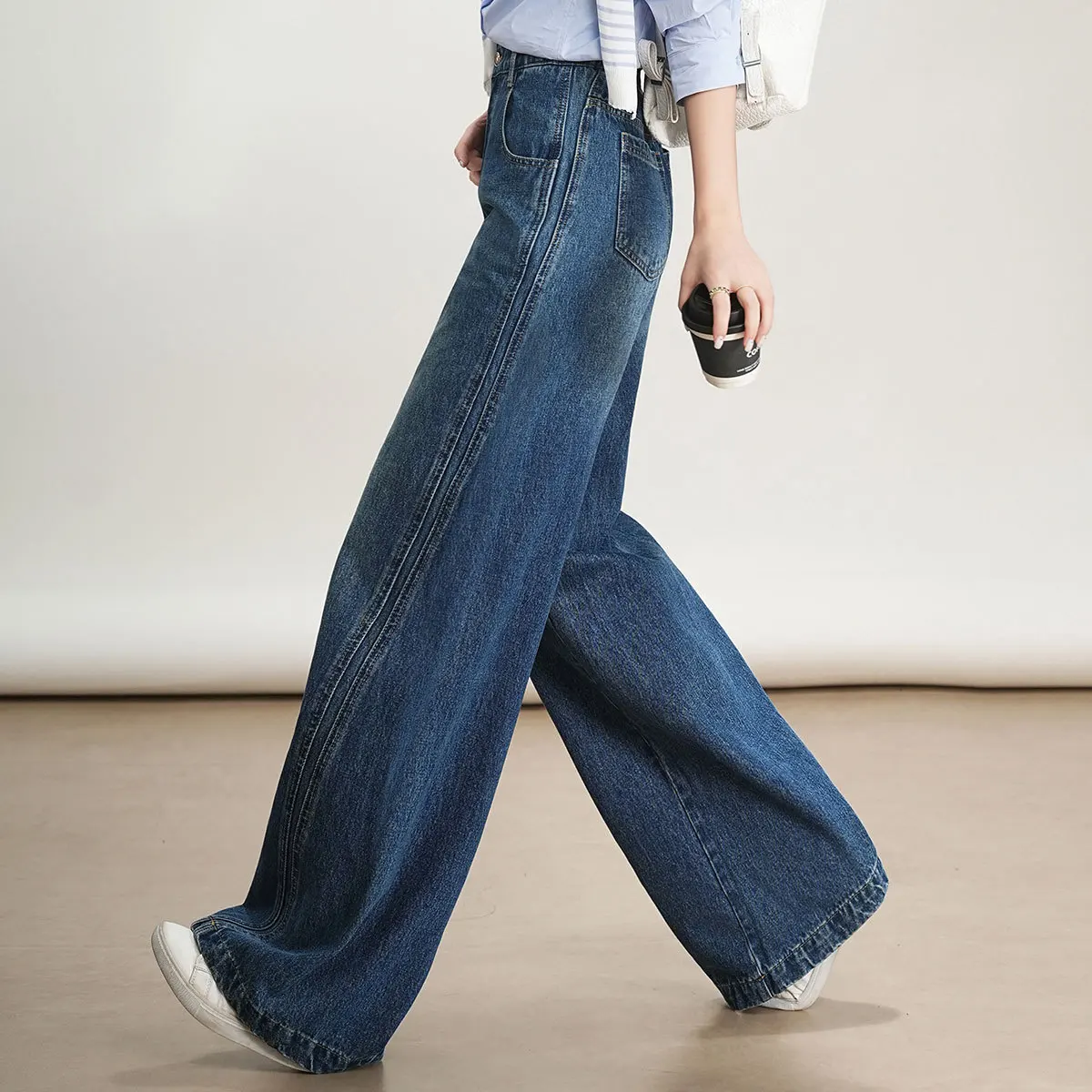 LOUIS YAO High-Waisted Retro Wide-Leg Jeans 2026 Spring/Autumn Casual Stitched Design Non-Stretch Long Women's Denim Pants