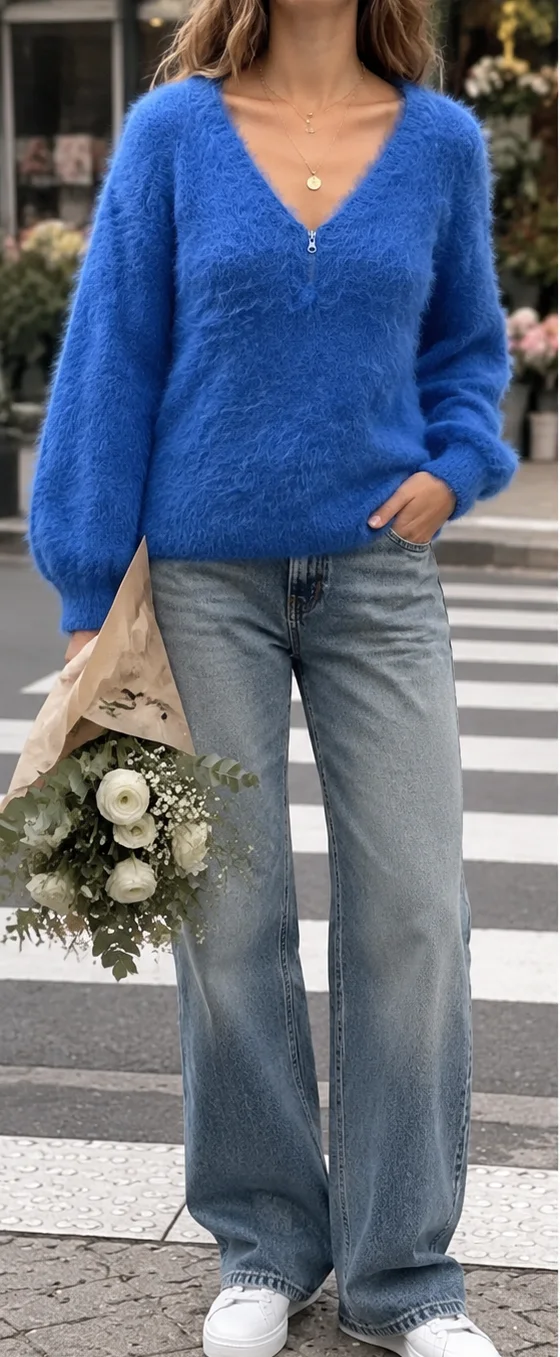 Plus Size Women's Sea Blue Fuzzy Sweater Zip Up V Neck Long Sleeve Oversized Fluffy Pullover Autumn Winter
