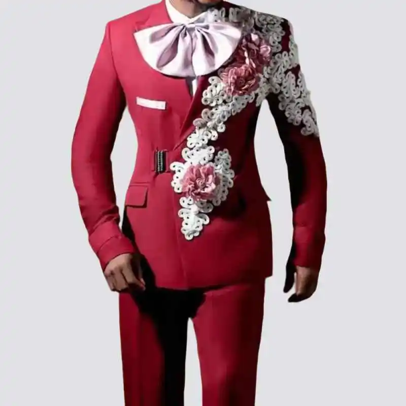 Ternos masculinos vermelhos conjunto 2 peças blazer + calças 3d flor luxo casamento smoking jaqueta formal escritório negócios noivo casaco masculino